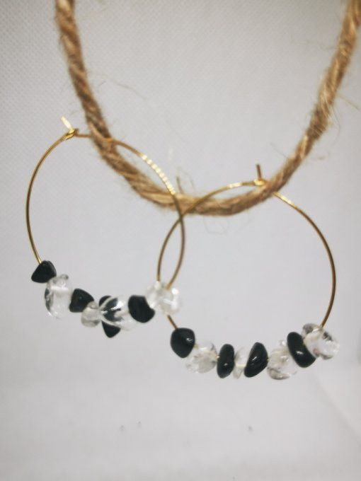 Créoles spinelle noire et cristal de roche